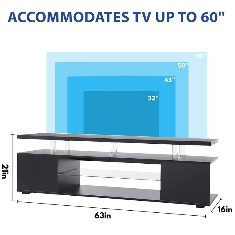 Black 63" LED Gaming TV Stand with Cabinet & Multi-Colored Lights for 70" TVs
