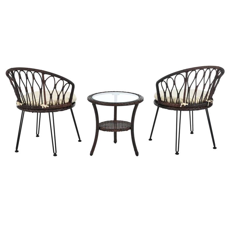 Outdoor Leisure Set, 2 Rattan Single Chairs with 1 Glass Round Table