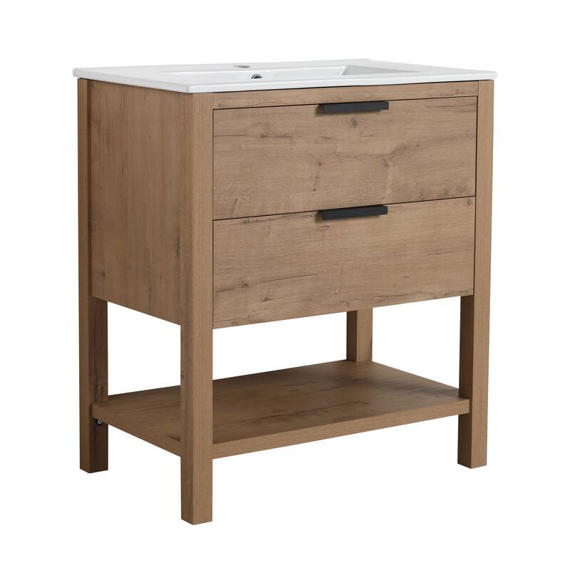 30" Bathroom Vanity with Ceramic Sink, Freestanding, Soft Closing Drawers, 4 Wood Feet, Durable and Water-Resistant