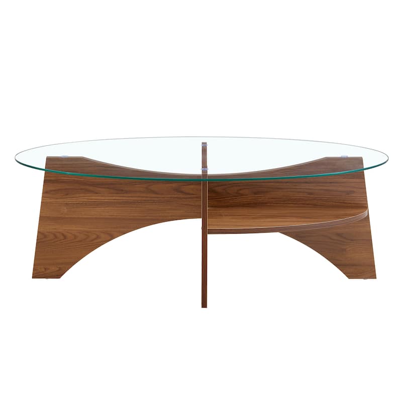 GDFStudio Elowen Tempered Glass Coffee Table with Wood Legs and Multi-Functional Design