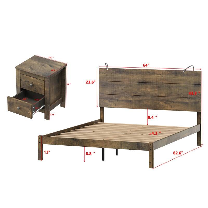 3-Piece Bedroom Sets Queen Size Platform Bed w Nightstands Antique Walnut/Rustic Gray/Black Gold