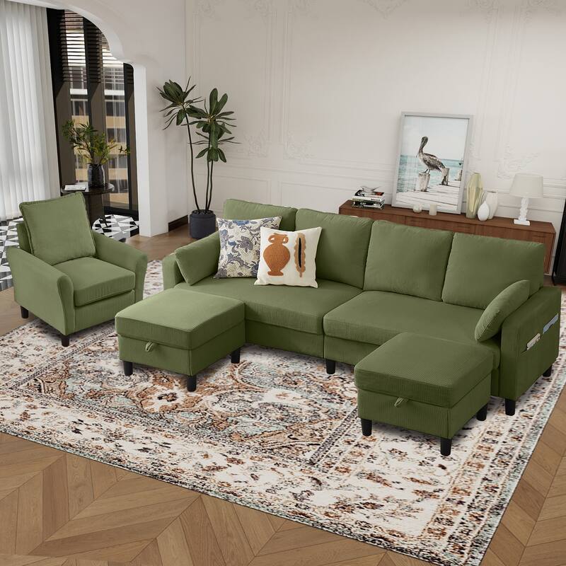 101"Corduroy 3 Piece Living Room Set Including 4 Seater Sofa ,2 Storage Ottoman and Chair