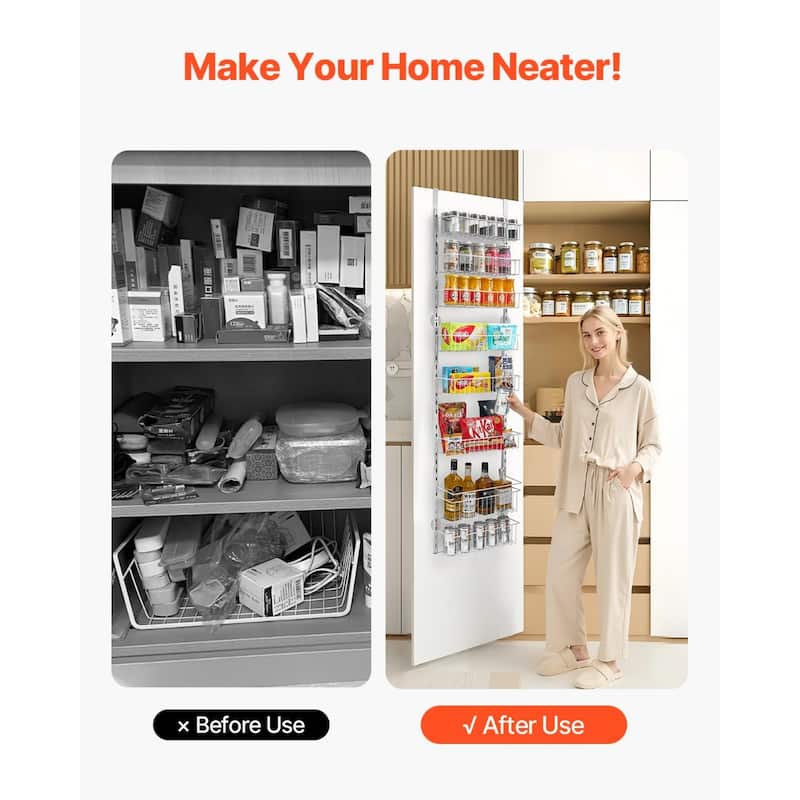 Pantry Organizer with Adjustable Baskets Wall Mount & Over Door Rack