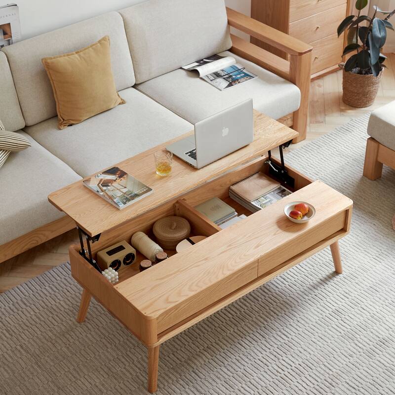 Elevating Low Center Table Solid Oak Wood Coffee Table with Lift Top, Hidden Storage, Drawers and Carbon Steel Base - Natural