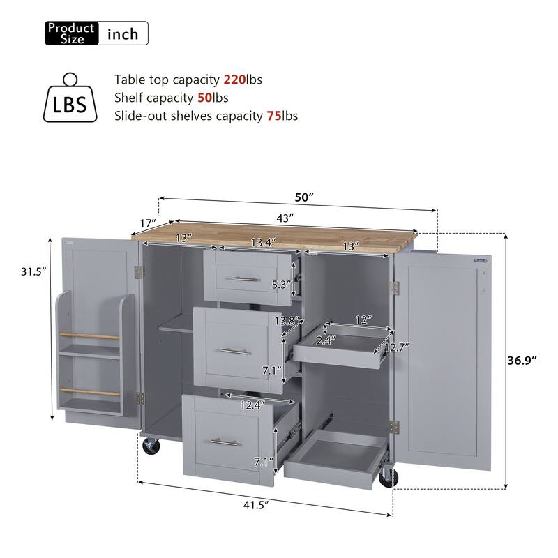 Kitchen Island with 2 Slide-Out Shelf and Internal Storage Rack
