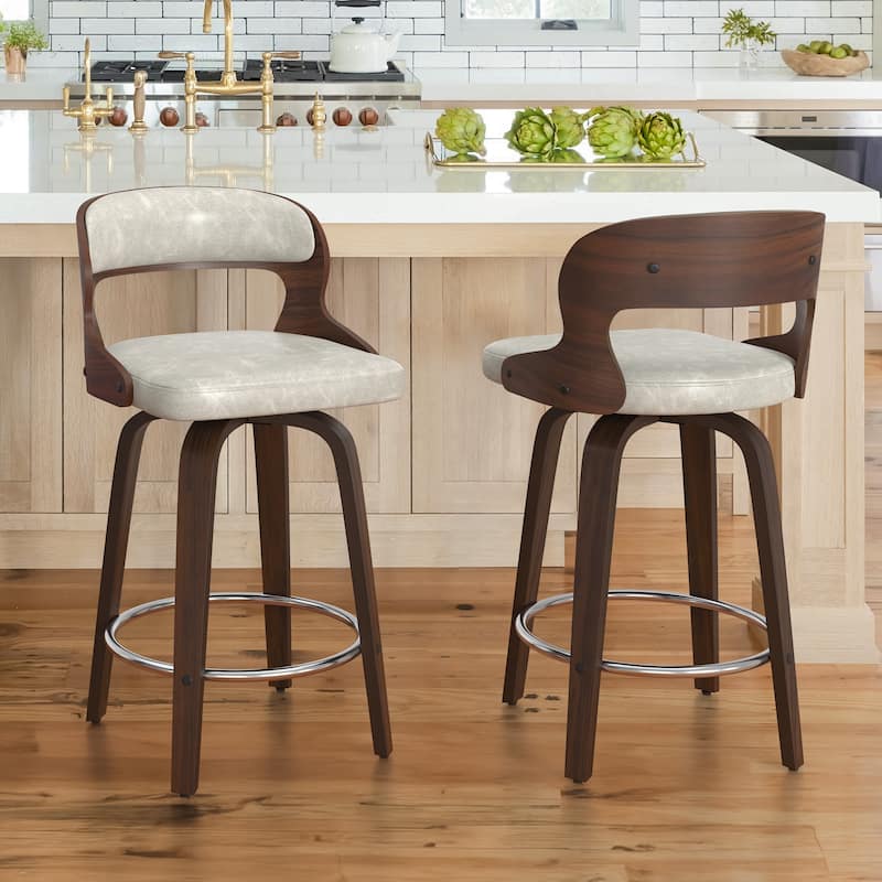 26.in Modern Set of 2 Leather Bar Stool Swivel Upholstered Hollow Back Counter Height Barstool with Wood Frame - Griege