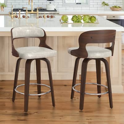 26.in Modern Set of 2 Leather Bar Stool Swivel Upholstered Hollow Back Counter Height Barstool with Wood Frame