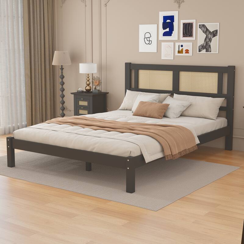 Platform bed with natural rattan headboard