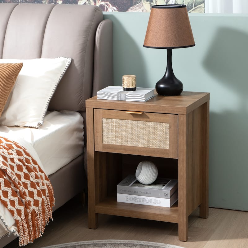 SICOTAS Farmhouse Rattan Nightstand with Drawer and Storage Shelf