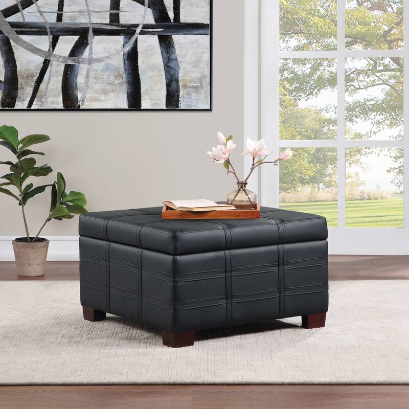 Detour Strap Square Storage Ottoman in Faux Leather - Black