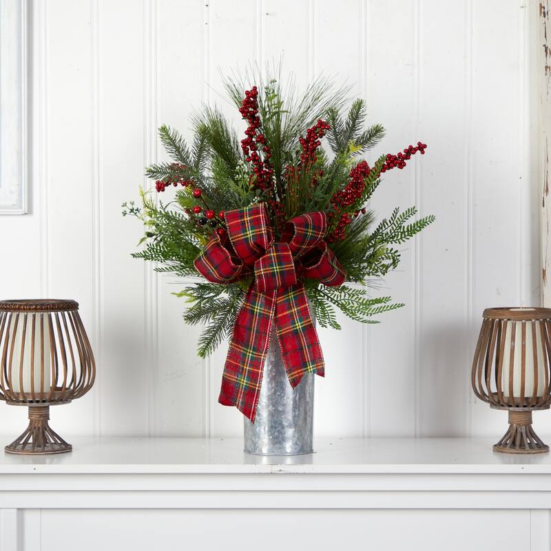 28” Berries with Plaid Bow Artificial Christmas Arrangement in Decorative Vase