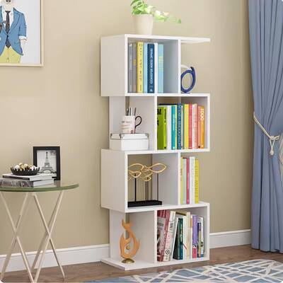 4 Tier Storage Shelf S Shaped Bookcase,Multifunctional Wooden Display,Free Standing Industrial Storage Rack,4 Shelf Bookcase