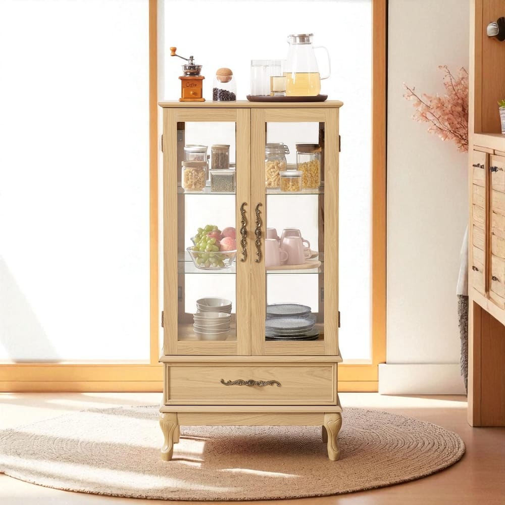 Lighted Glass Curio Display Cabinet with Adjustable Shelves, Drawer and Glass Doors