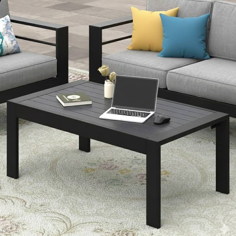 43" Aluminum Patio Coffee Table, Modern Black Rectangle Table