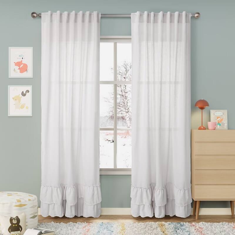 Linen Texture Double Ruffle Semi-sheer Curtain Pair(2 panels)