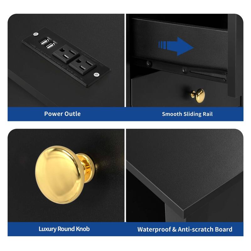 Moasis Modern LED Nightstand Set of 2 with Drawer and Storage Shelf, Bedside Table with Charging Station