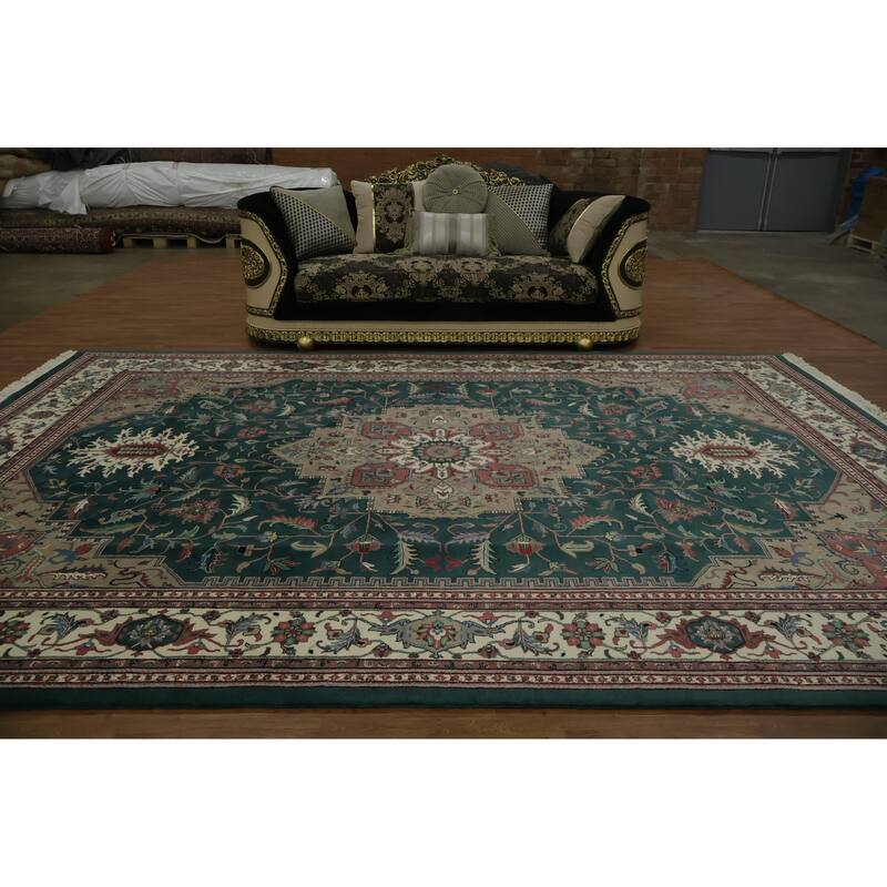 Hand Knotted Oriental 100% Wool Carpet Traditional Geometric Green Heriz Area Rug - 13' 10'' X 9' 8''