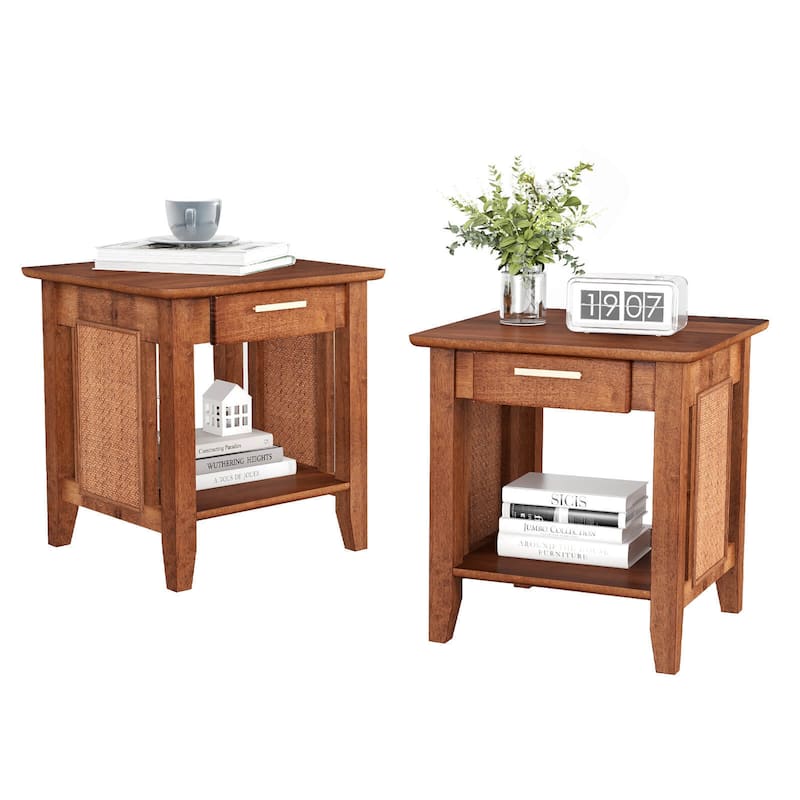 Gymax 2PCS Boho Style Nightstand 3-Tier Sofa Side End Table w/ Drawer - Walnut - Wood