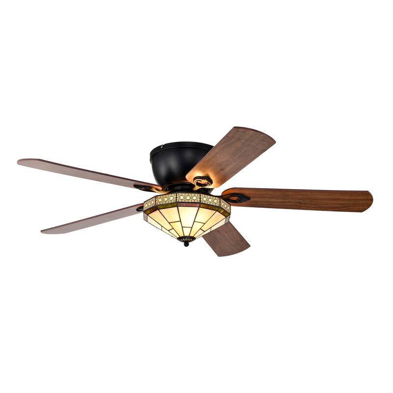 Margno 52-Inch Flushmount Lighted Ceiling Fan Jewel Cut Design Tiffany Glass Lamp Black Finish