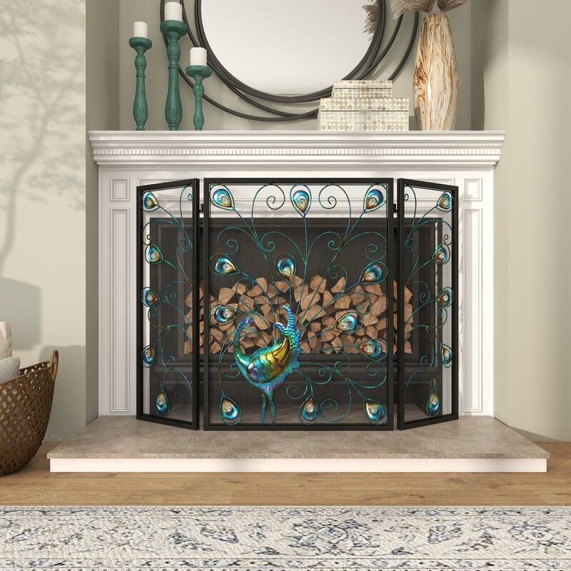 Blue Metal Rainbow 3 Panel Peacock Fireplace Screen with Crystal Accents and Black Frame