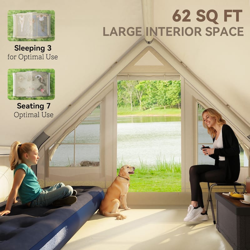 Sand Oxford Fabric Inflatable Camping Tent with Pump and Carry Bag - 118.1" L x 78.7" W x 78.7" H