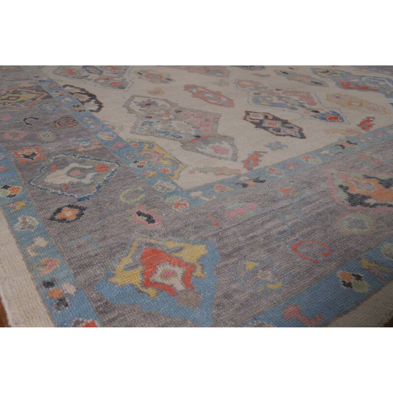 Hand Knotted Oriental 100% Wool Carpet Transitional Geometric Beige & Ivories Oushak Area Rug - 12' 4'' X 8' 11''
