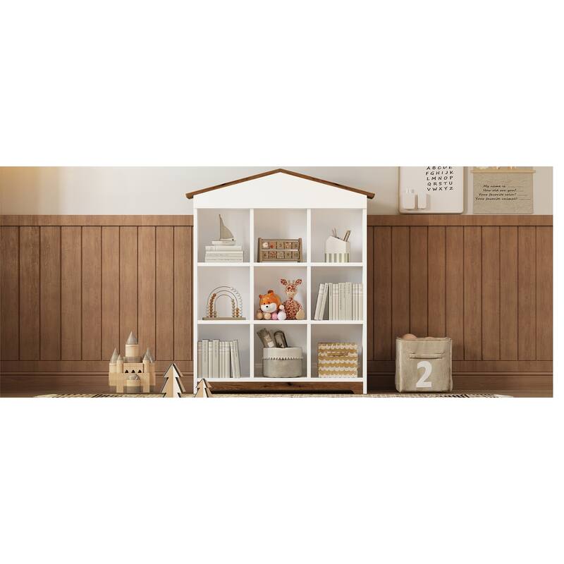 House shaped Storage Rack with Nine Storage Compartments,Three layer Bookshelf with Colorblock Design