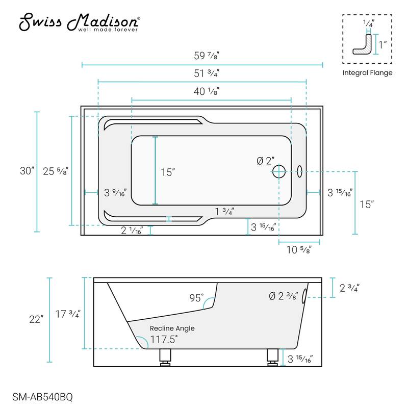 Swiss Madison Voltaire, Acrylic White, Alcove, Integral Armrest, Bathtub with Apron