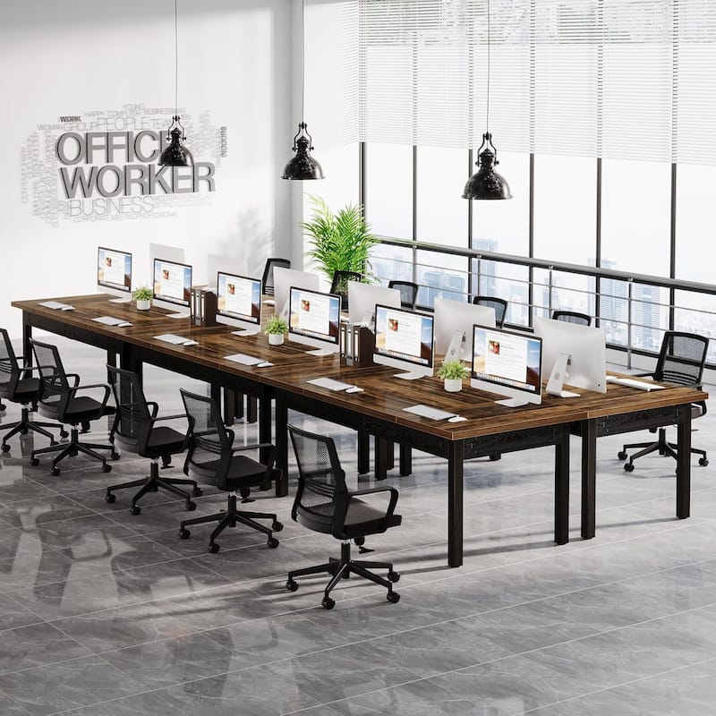 63" Executive Office Desk - Rustic Computer Table with Thick Wood Top, Large Writing Desk with Metal Frame & Back Splash