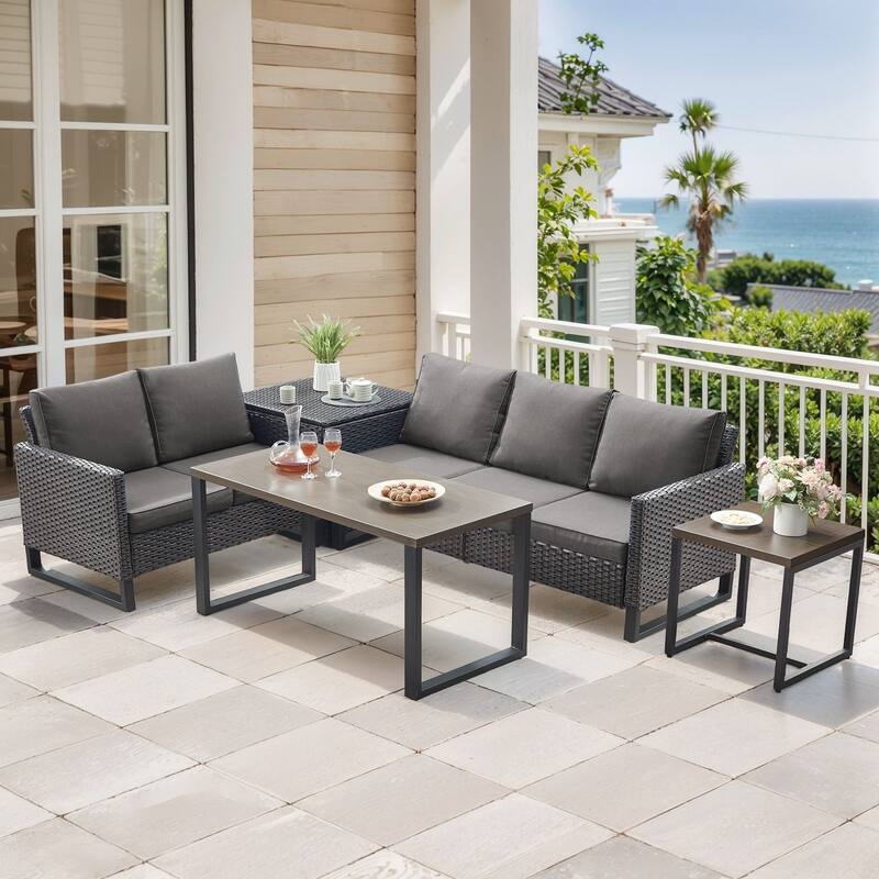 Gymojoy 5 Person All-Weather Wicker Outdoor Conversation Set Seating Group With Side Table And Storage Box
