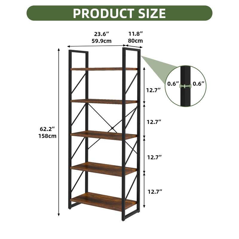 Moasis Industrial 62" Tall 5-Tier Bookshelf Open Shelf Bookcase for Living Room