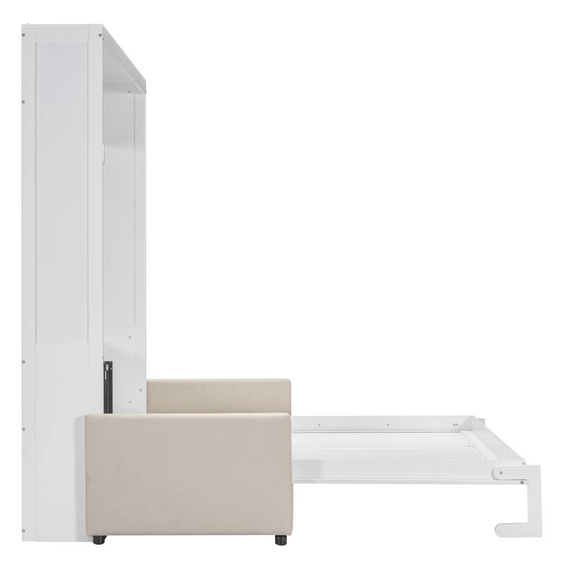 Queen Size Wall Bed with Sofa Function, Space-Saving Murphy Bed in White/Gray