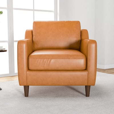 Madeline Modern Furniture Style Wide Top Leather Accent Lounge Chair in Cognac Tan Color
