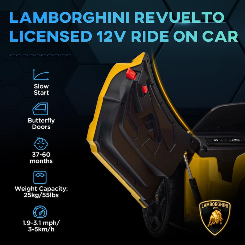 12V Lamborghini Revuelto Electric Ride-On Car for Kids with 3 Speeds, Parental Remote Control, and Hydraulic Butterfly Doors