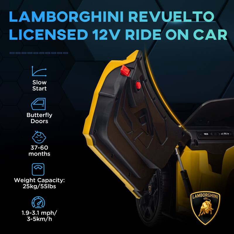Yellow Lamborghini Revuelto Kids 12V Electric Ride-On Car with Spring Suspension, Auxiliary Wheels, and Remote Control