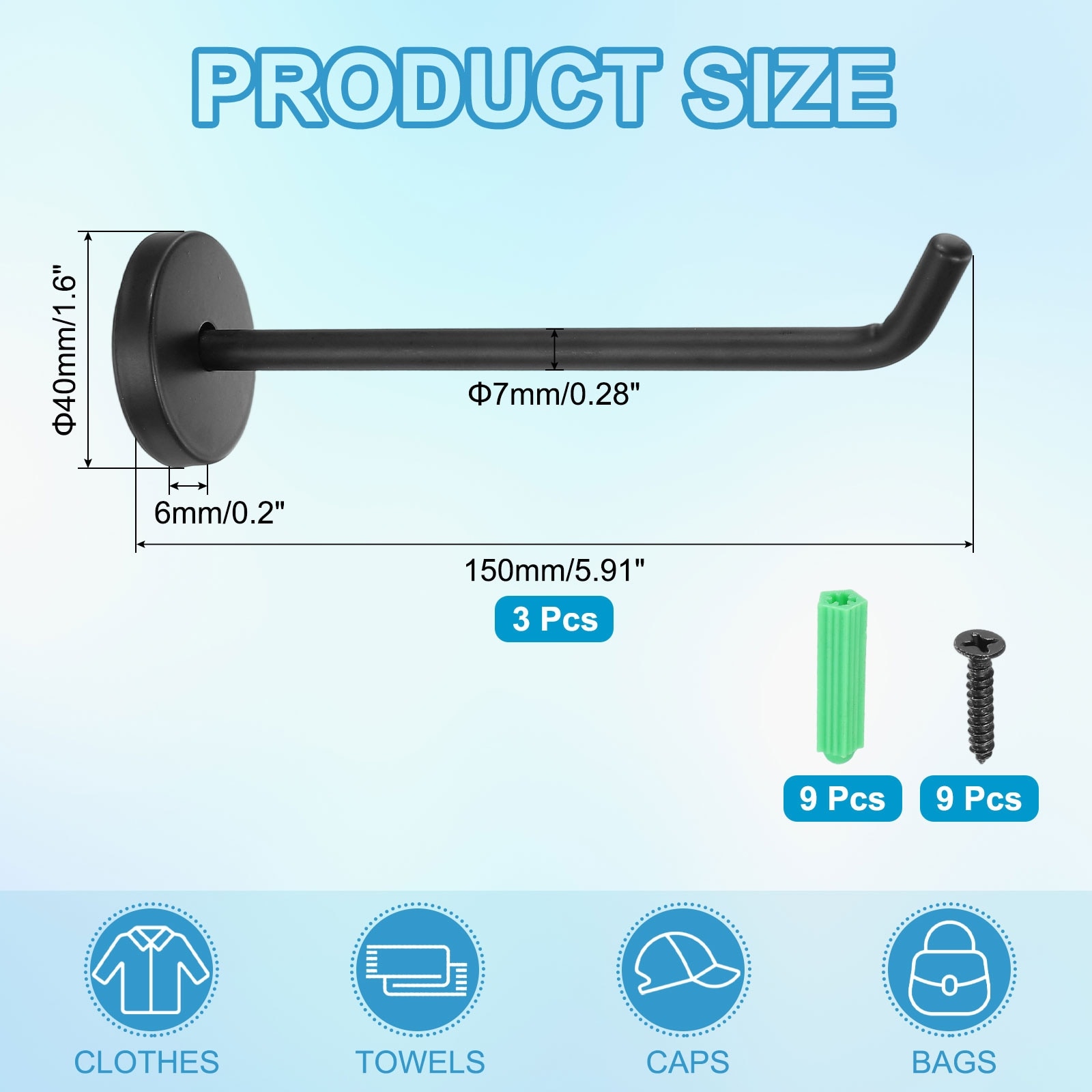 3Pcs Stainless Steel Coat Hooks, 2x0.3" Elephant Nose Hooks, Silver