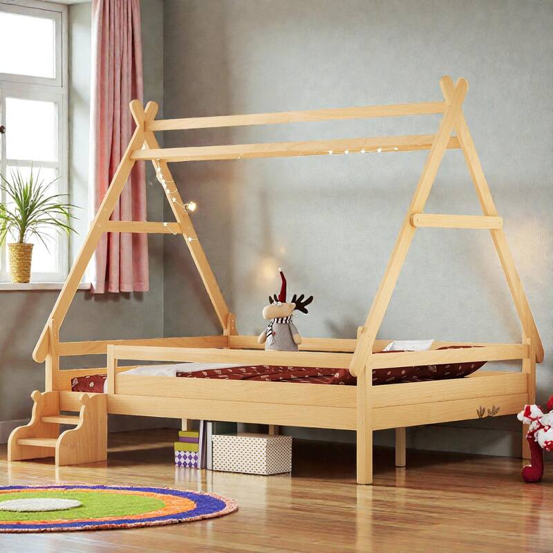 Twin/Full House Platform Bed with Stairs, Solid Wood Low Profile Kids Bed Frame, Fun Playhouse Design for Children - Natural - Full