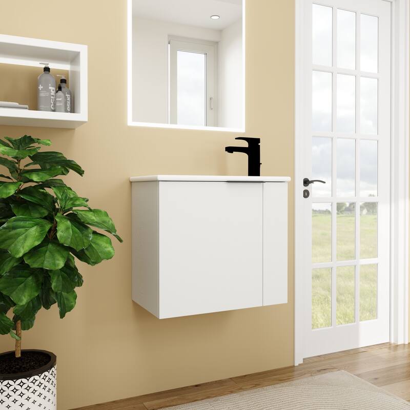 Contemporary Bathroom Vanity with Ceramic Vessel Sink, Soft-Closing Doors, Matte Black Pull Handle - 22in L Plywood