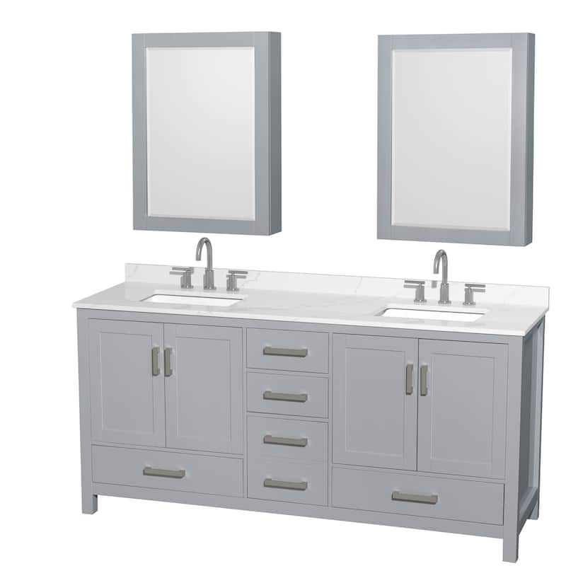 Sheffield 72-inch Double Vanity, 3 Hole Quartz Top, Med Cabinets - Gray, Chrome Trim, Giotto Quartz Top