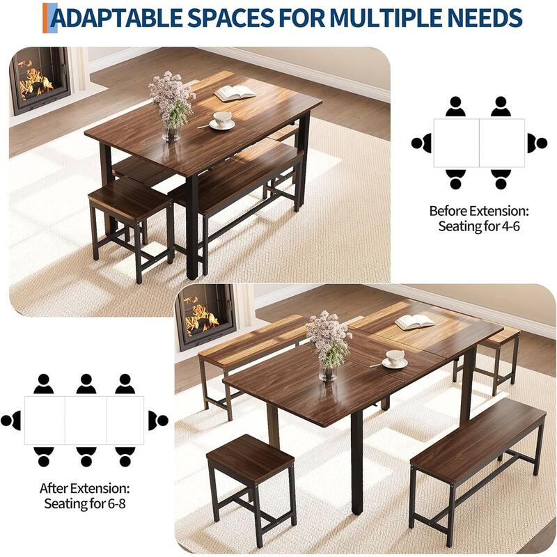 47.2" Large Extendable Kitchen Table Set, with 2 Benches and 2 Square Stools