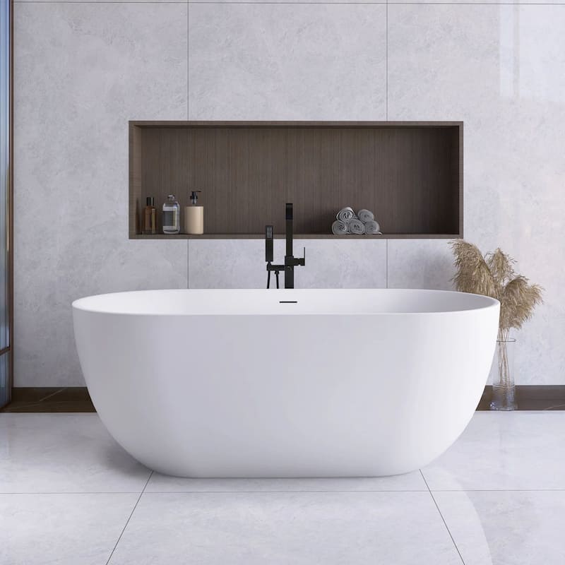 63 in. Solid Surface Freestanding Flatbottom Soaking Bathtub