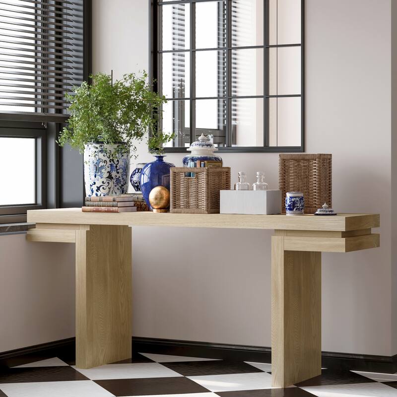 66 Inch Extra Wide Console Table - Minimalist with Real Wood Veneer, Distressed Oak