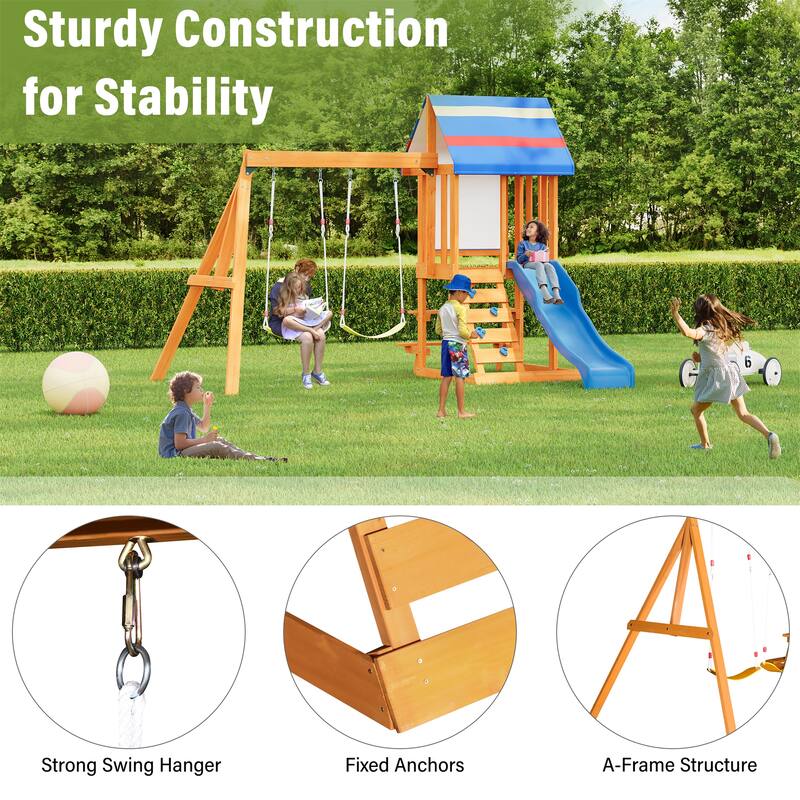 Outdoor 3 in 1 Wood Swing Set with Slide, 2 Swings and Climber