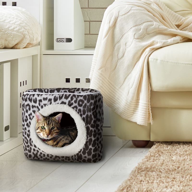 PETMAKER Cozy Cat Cave Enclosed Cube Indoor Pet Bed - Gray Animal Print