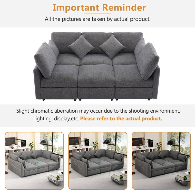 L-Shaped Modular Sectional Sofa Convertible U-Shaped Sofa Bed with Movable Ottoman and 2 USB Ports, 2 Pillows, Chenille 5 Seat