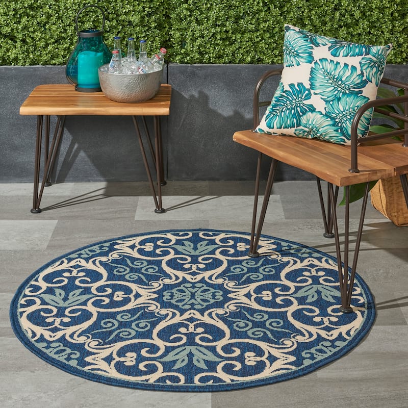 Nourison Caribbean Floral Geometric Indoor/Outdoor Area Rug - 4' Round - Navy