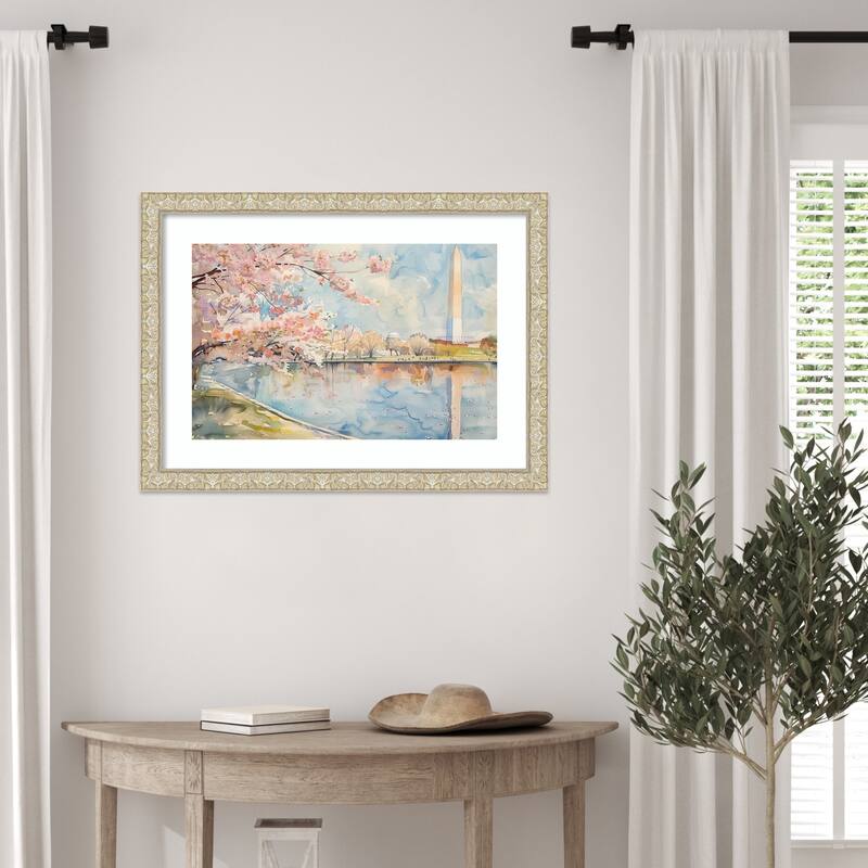 Cherry Blossoms Cityscape by Tradelink inhouse artist Wood Framed Wall Art Print - Lila Silver