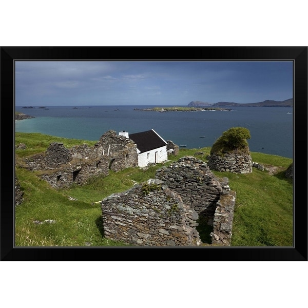 "Cottage and Deserted Cottages on Great Blasket Island, County Kerry, Ireland" Black Framed Print