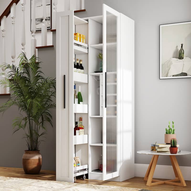 Expandable Pull-Out Buffet Sideborad, Pantry Cabinet with 5-Tier Shelf, Storage Cabinet with Glass Doors - White