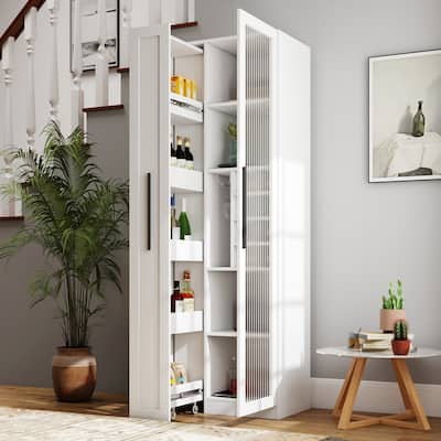 Farmhouse Storage Cabinet Kitchen Pantry Cabinet with Pull-out Storage Shelf, Glass Doors